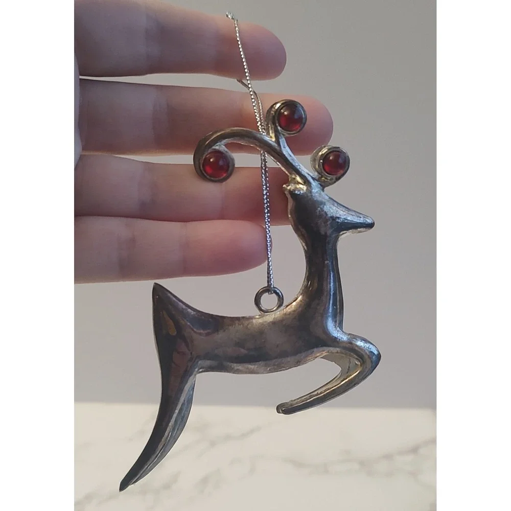 Vintage Silvertone Metal Reindeer Christmas Ornament With Red Horn Detail A11